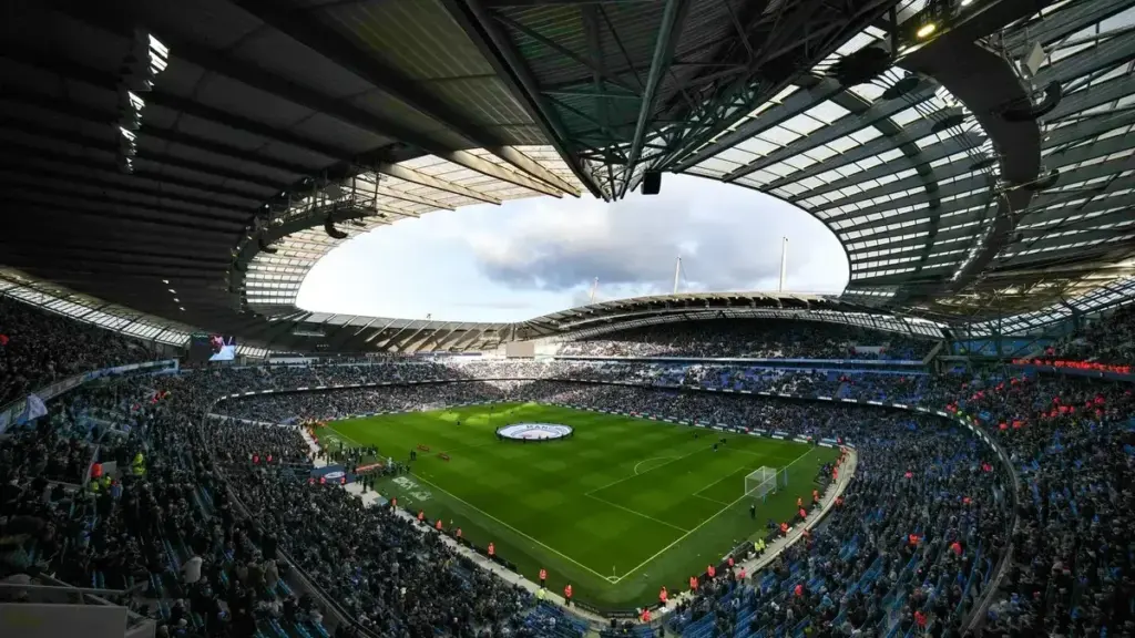 Man City financial breaches verdict: An interior stadium view of the Etihad Stadium during a matchday setup.
