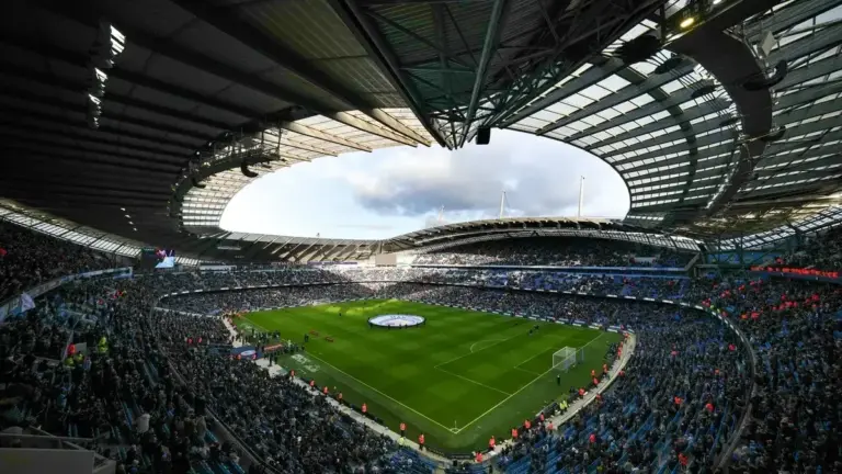 Man City financial breaches verdict: An interior stadium view of the Etihad Stadium during a matchday setup.