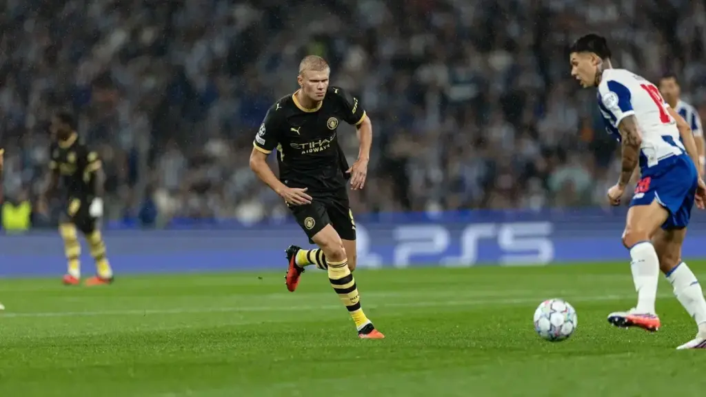 Erling Haaland in action during a Manchester City match.